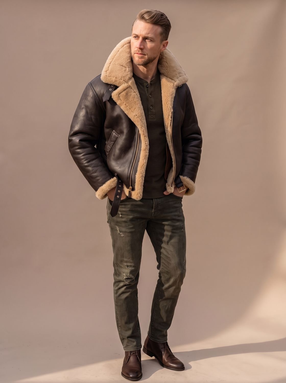 Archie | Chaqueta bomber de cuero de piel de oveja para hombre, estilo aviador y cuello de borreguito