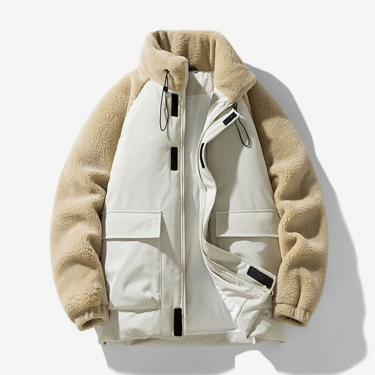 Chaqueta de invierno para hombre, con bloques de color de borreguito y cremallera