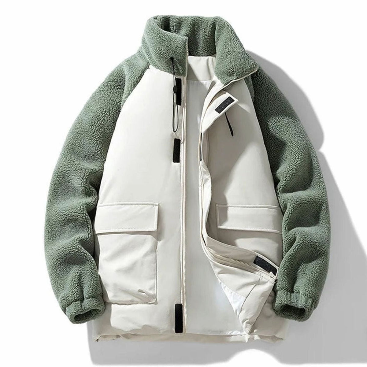 Chaqueta de invierno para hombre, con bloques de color de borreguito y cremallera