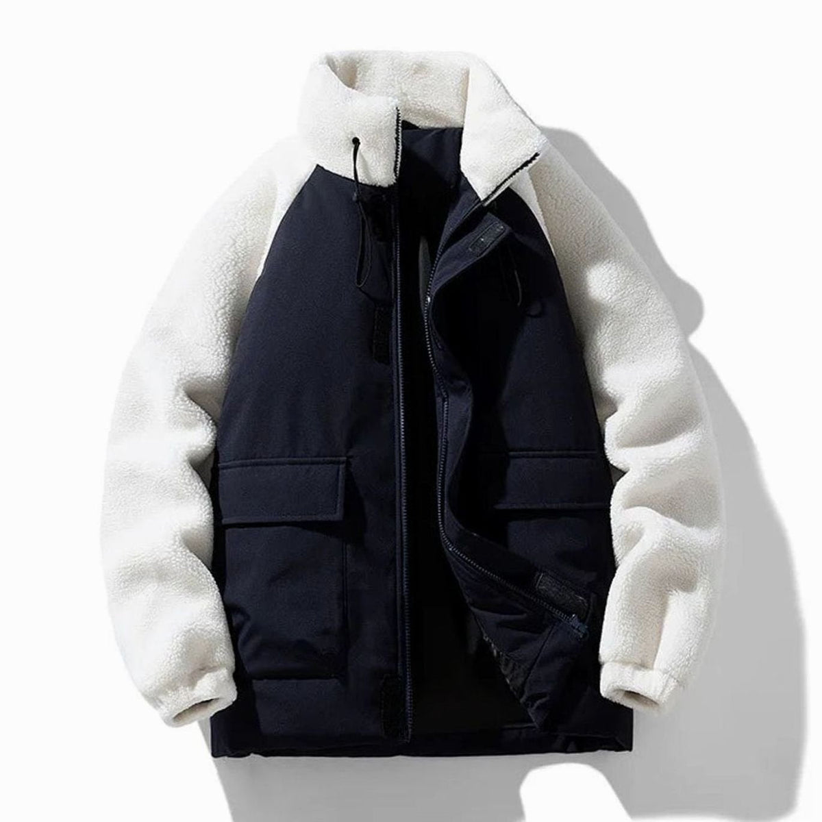 Chaqueta de invierno para hombre, con bloques de color de borreguito y cremallera