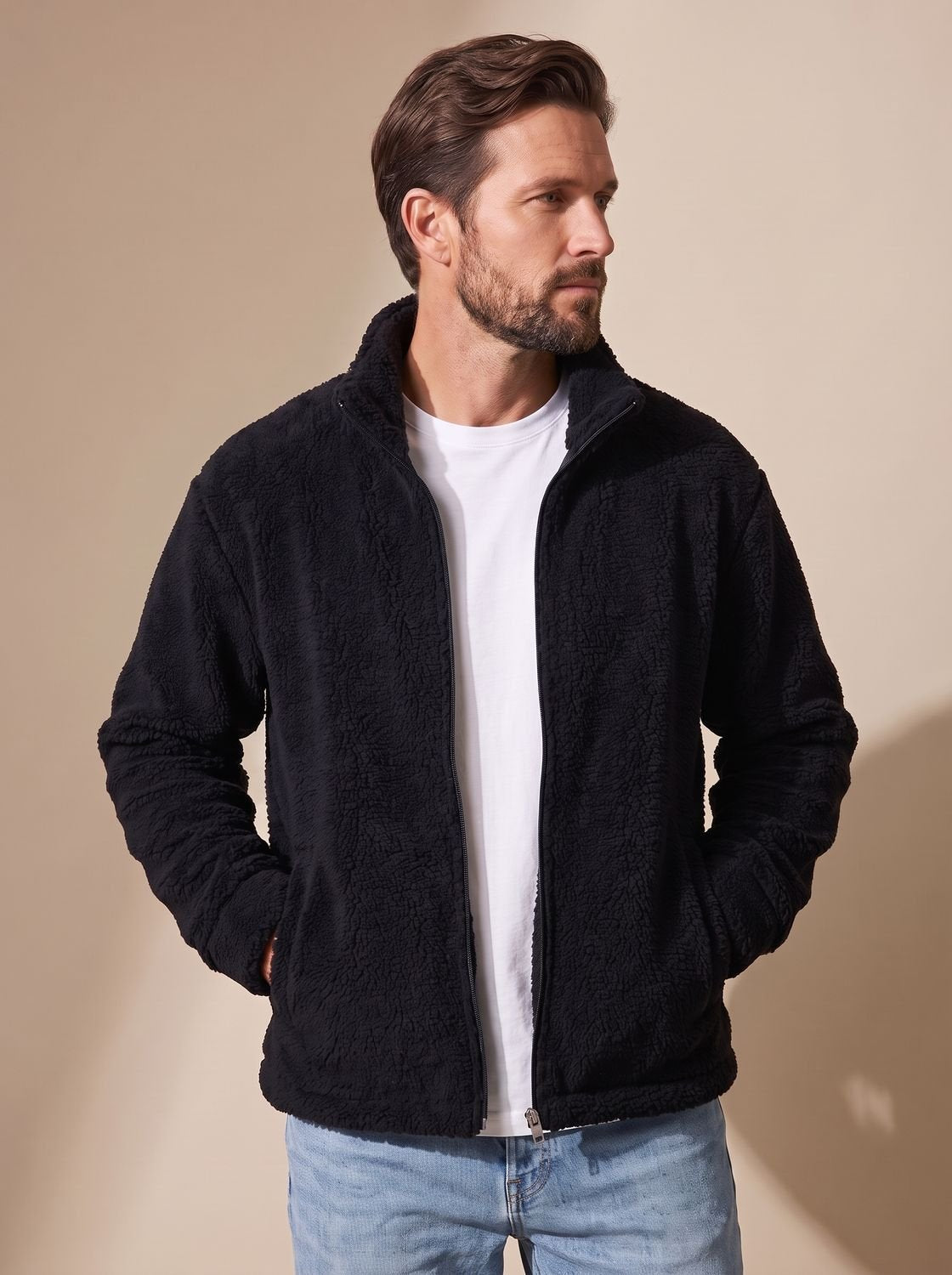 Noah | Chaqueta de felpa sherpa para hombre, con cremallera completa y cuello alzado