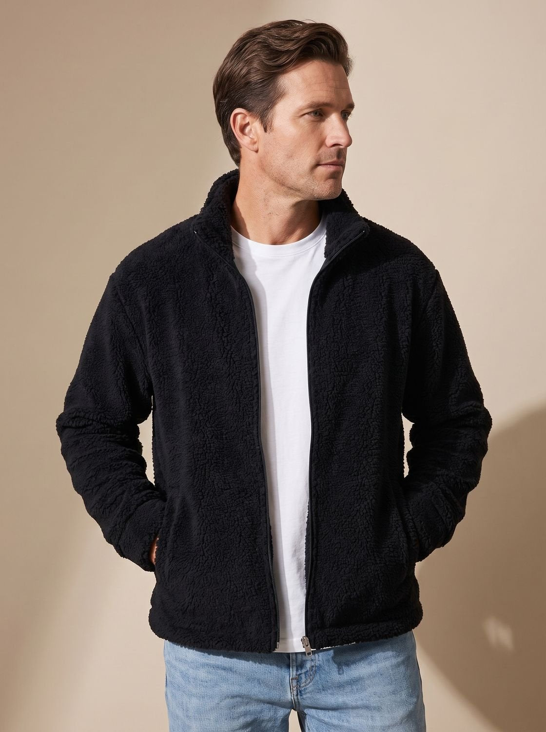Noah | Chaqueta de felpa sherpa para hombre, con cremallera completa y cuello alzado
