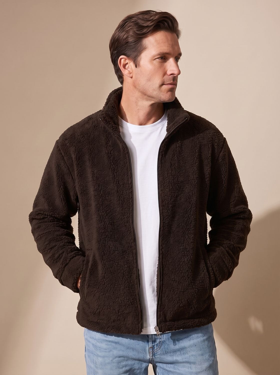 Noah | Chaqueta de felpa sherpa para hombre, con cremallera completa y cuello alzado