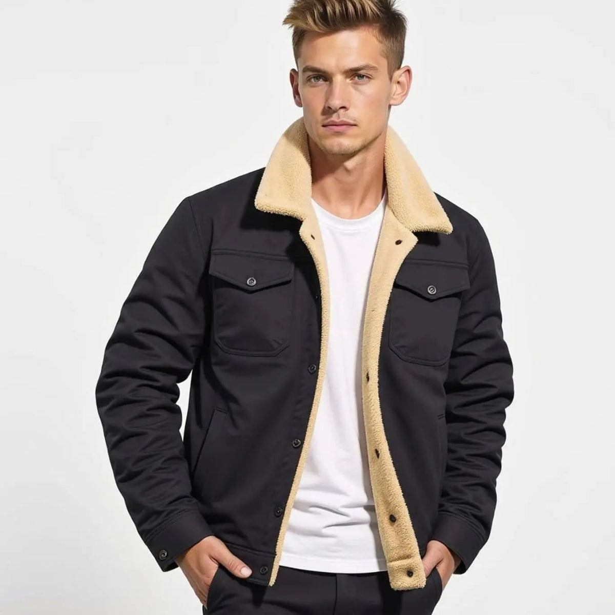Chaqueta de invierno de corte holgado para hombre, forrada de borreguito y con botones a presión