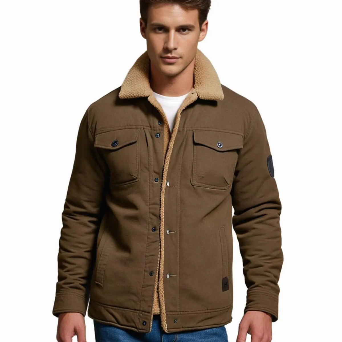 Chaqueta de invierno de corte holgado para hombre, forrada de borreguito y con botones a presión