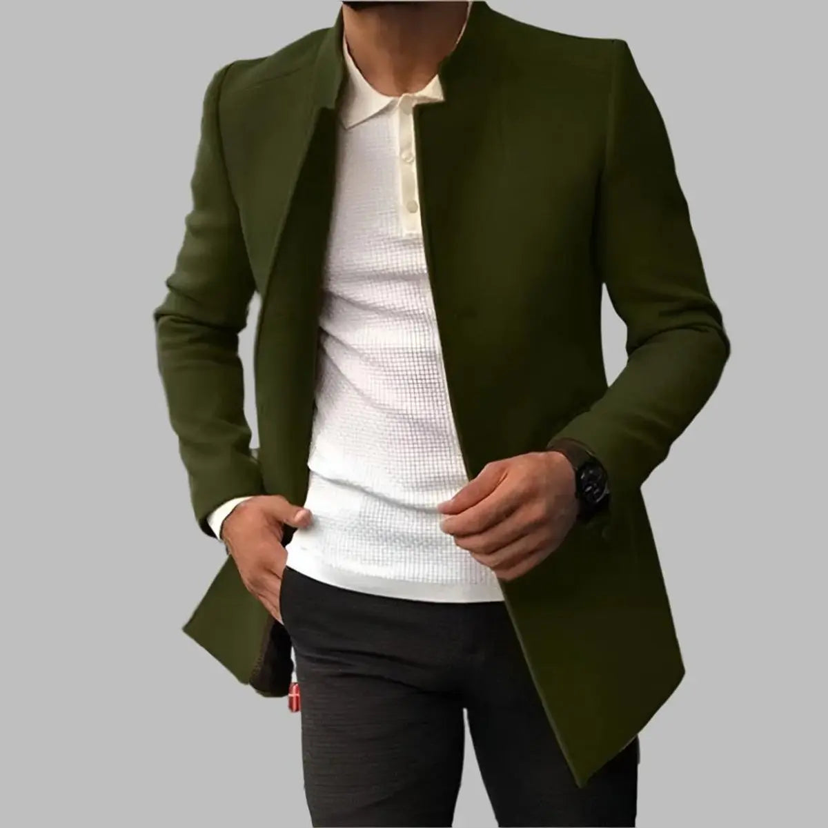 Abrigo elegante de lana de corte entallado para hombre, sin cuello