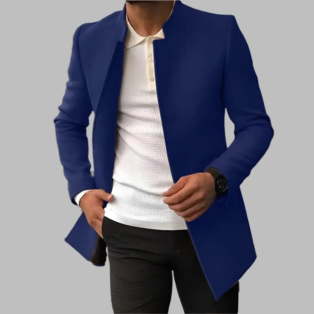 Abrigo elegante de lana de corte entallado para hombre, sin cuello
