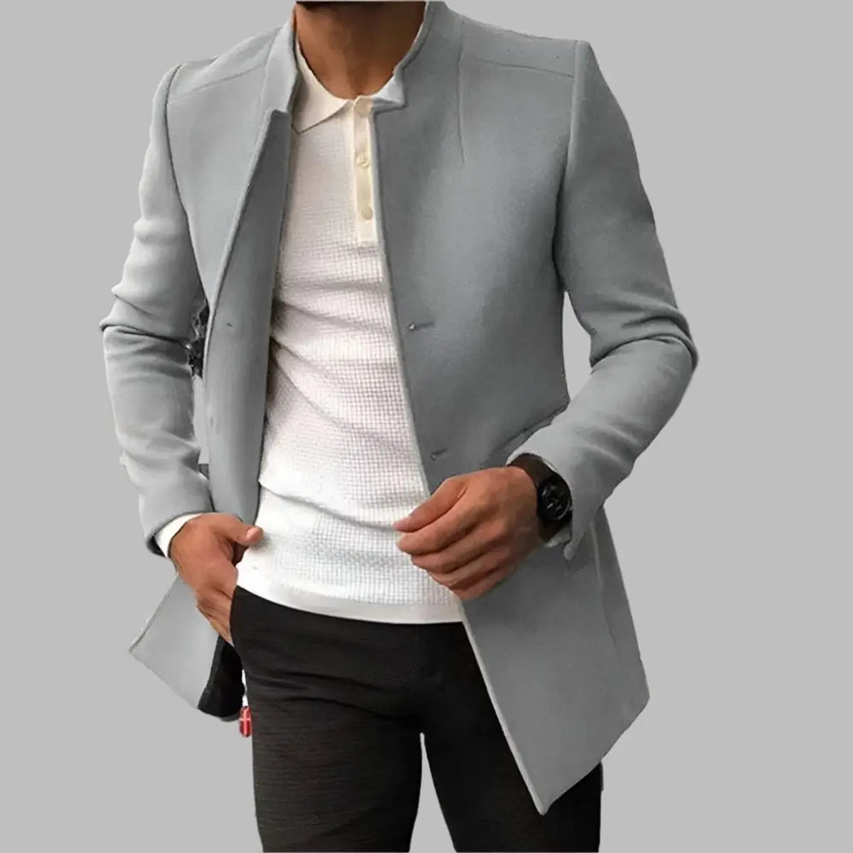 Abrigo elegante de lana de corte entallado para hombre, sin cuello