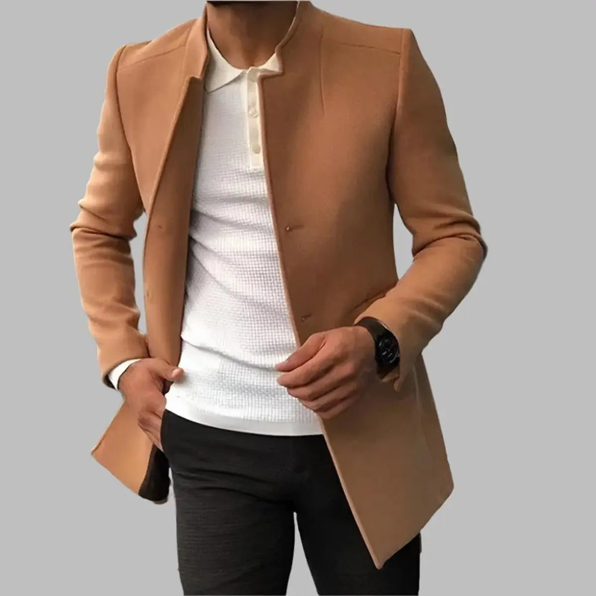 Abrigo elegante de lana de corte entallado para hombre, sin cuello