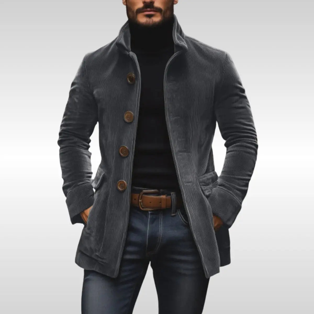 Chaqueta de pana de corte entallado para hombre, con cuello alto, botones y abrigo de lana