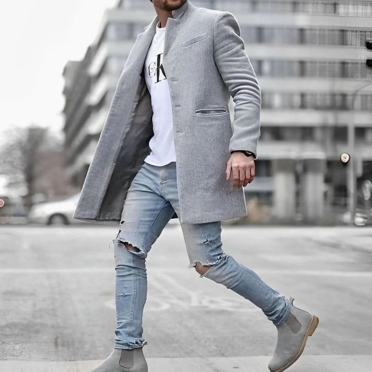 Abrigo de longitud media para hombre, entallado, con cuello alto y mezcla de lana