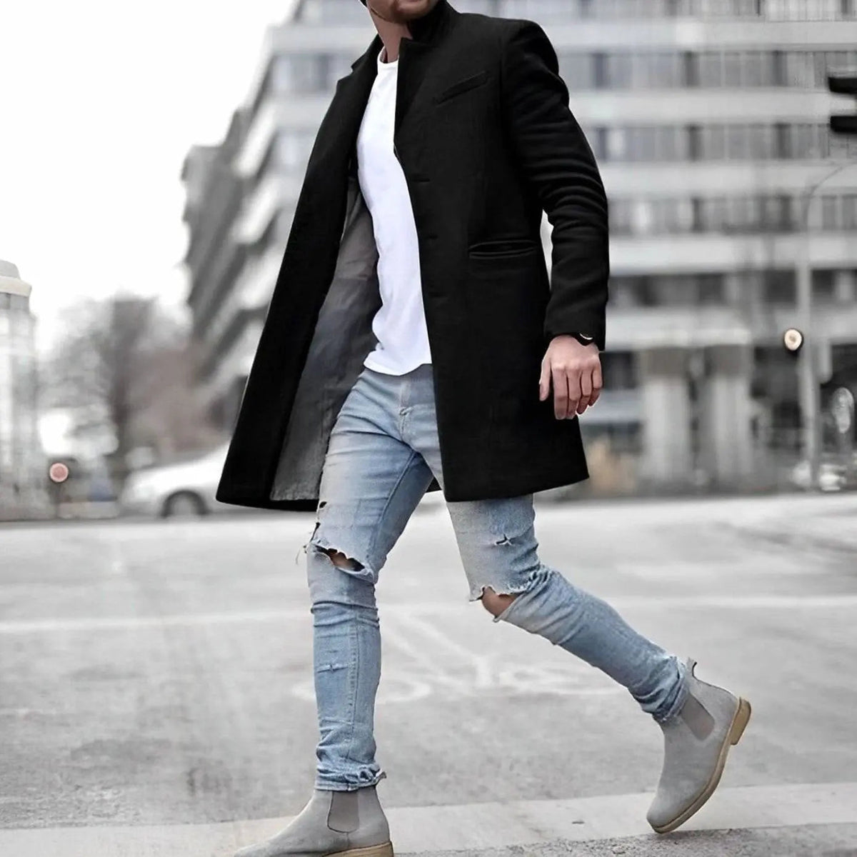 Abrigo de longitud media para hombre, entallado, con cuello alto y mezcla de lana