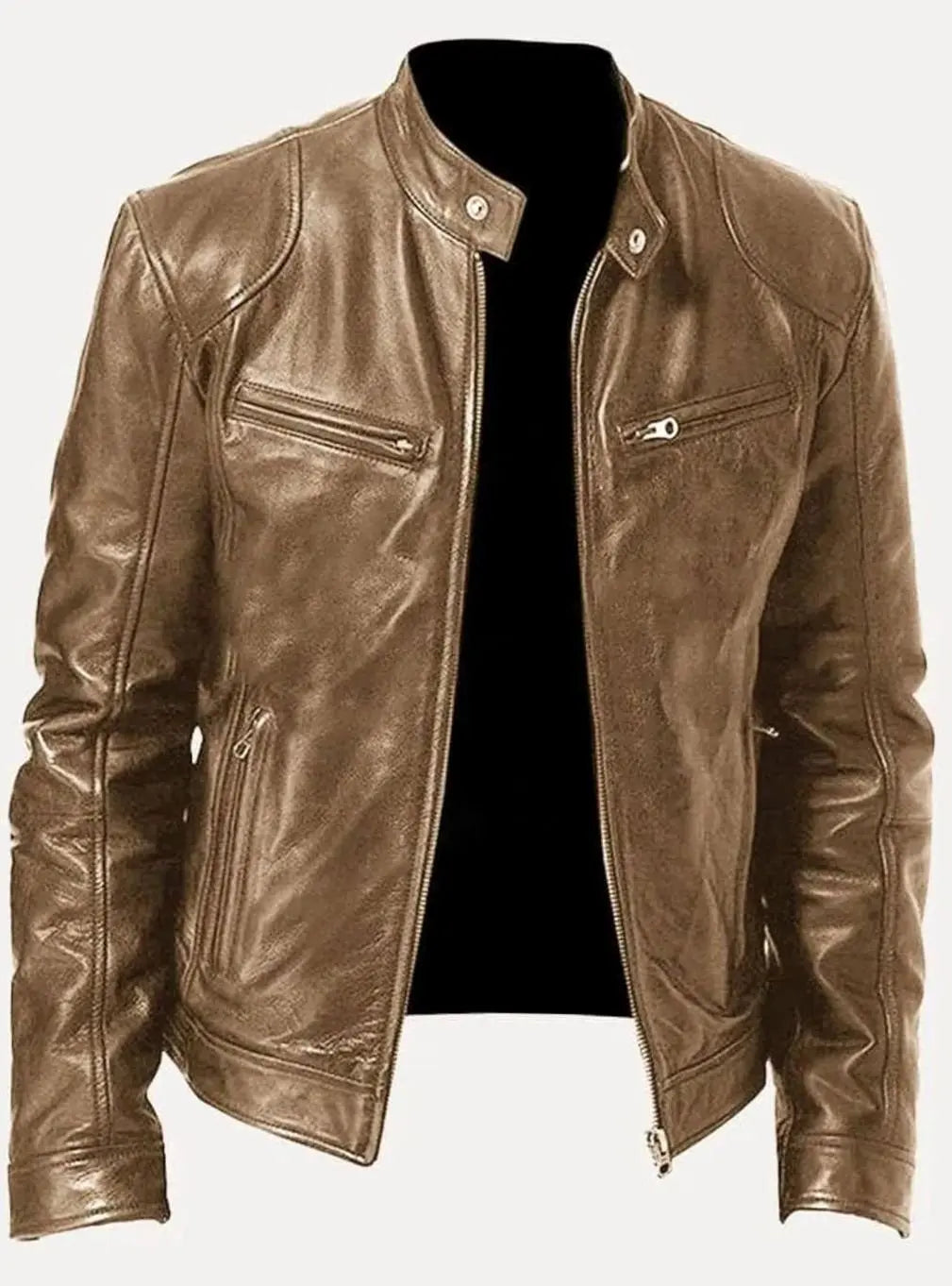 Chaqueta de estilo motero de cuero para hombre, entallada y con cierre