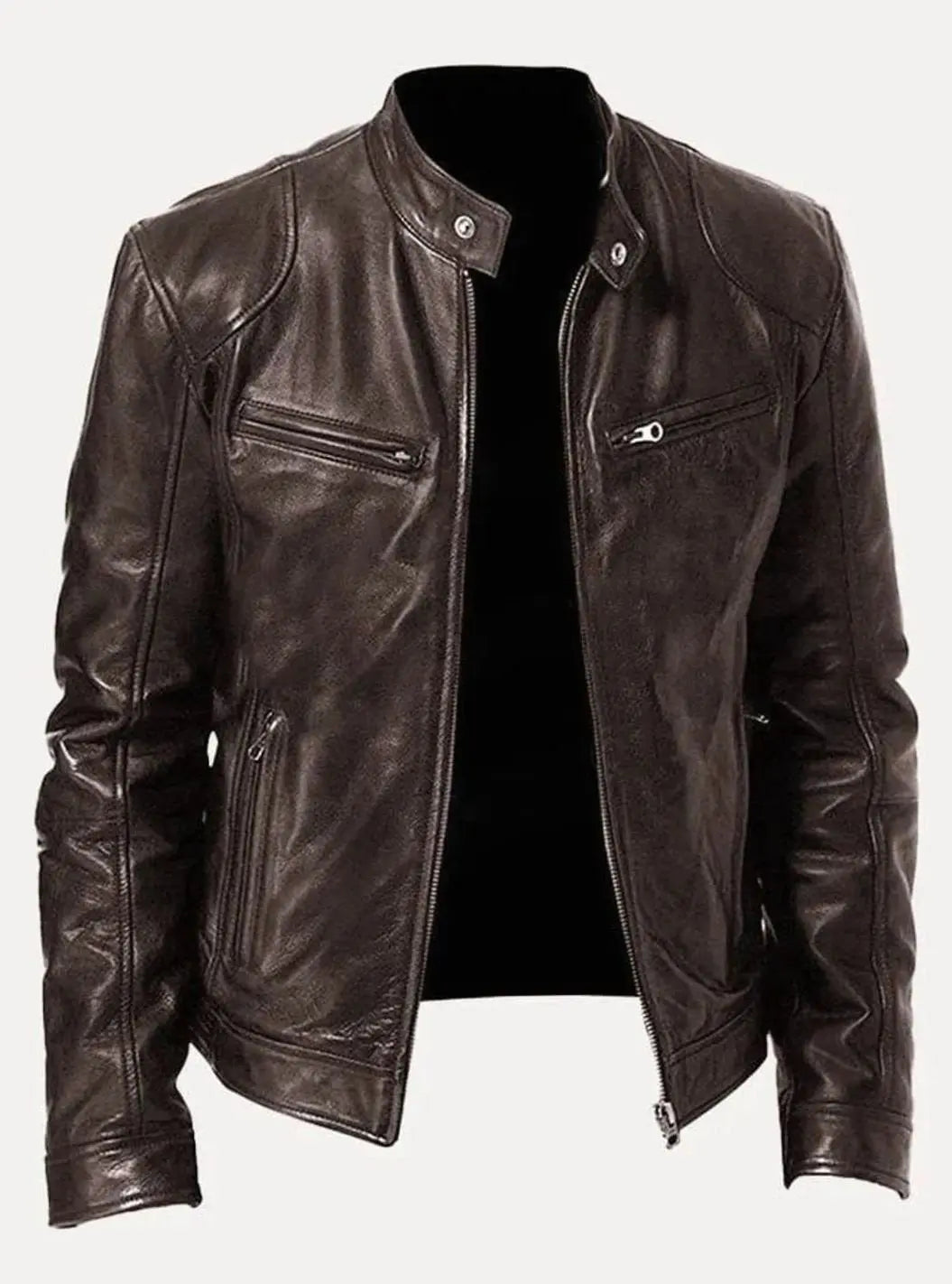Chaqueta de estilo motero de cuero para hombre, entallada y con cierre