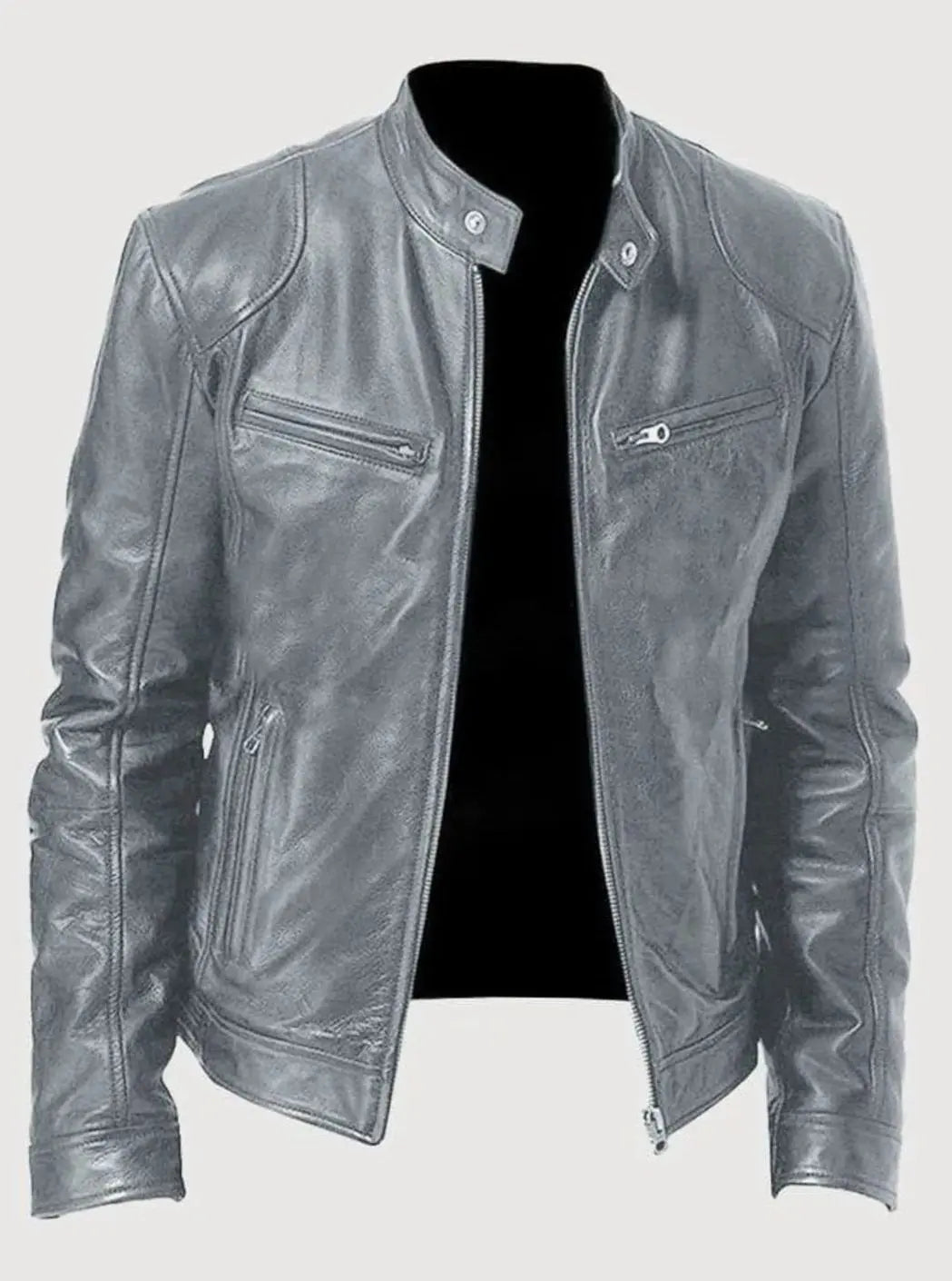 Chaqueta de estilo motero de cuero para hombre, entallada y con cierre