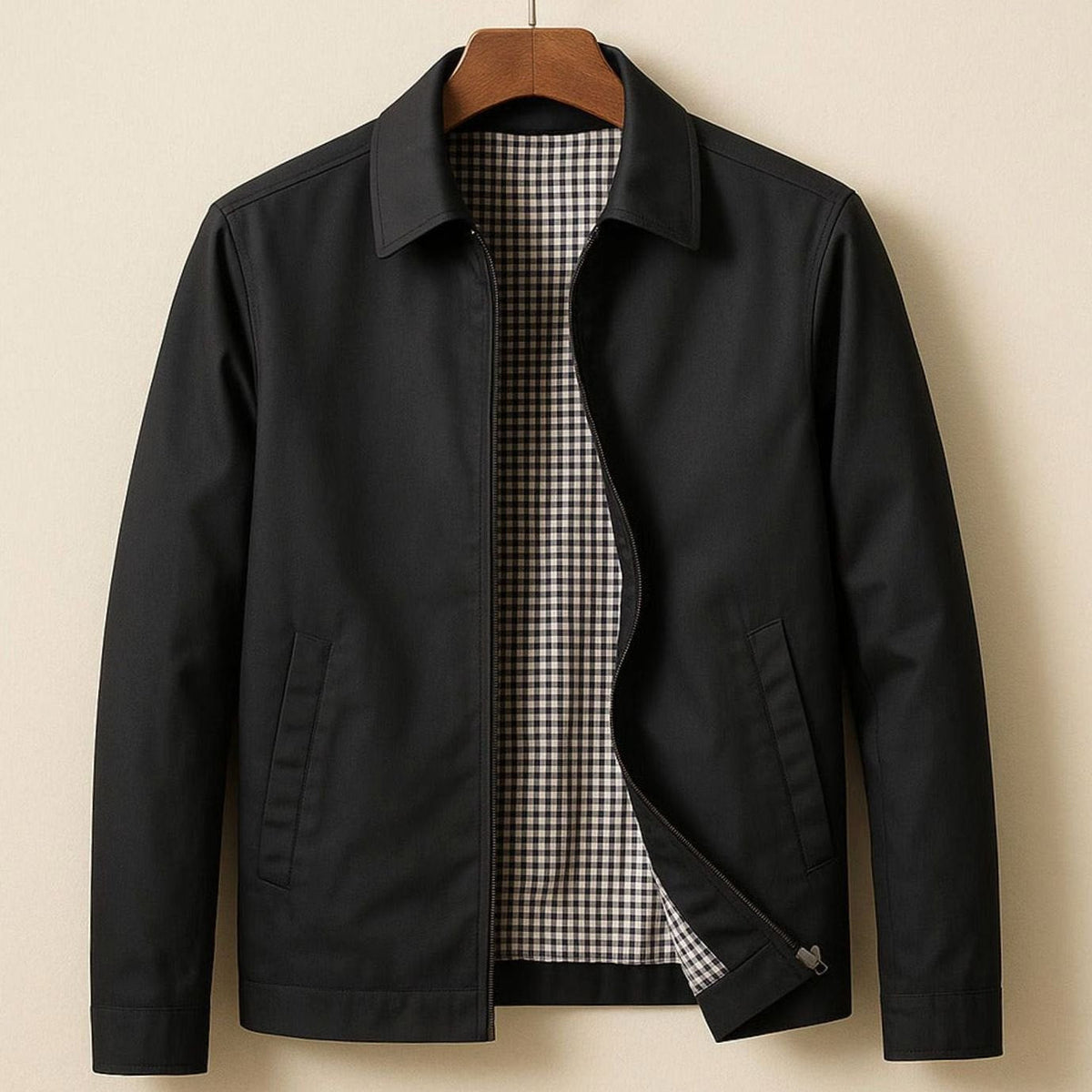 Chaqueta Harrington elegante e informal para hombre, con forro de cuadros y cierre frontal