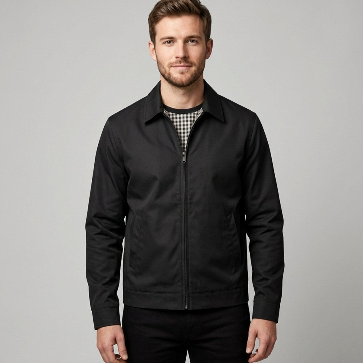Chaqueta Harrington elegante e informal para hombre, con forro de cuadros y cierre frontal