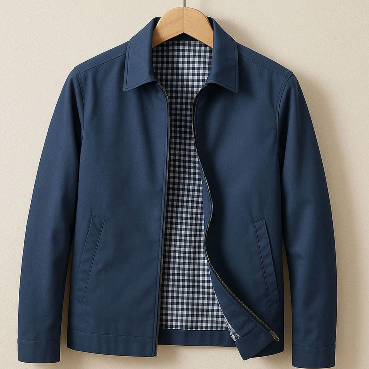 Chaqueta Harrington elegante e informal para hombre, con forro de cuadros y cierre frontal