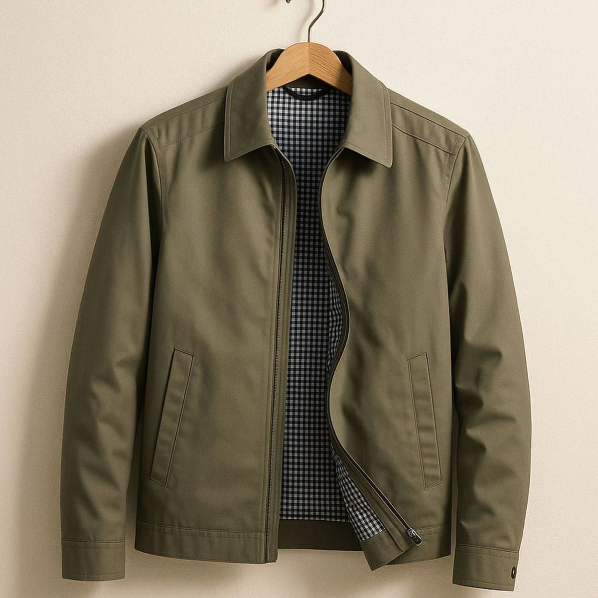 Chaqueta Harrington elegante e informal para hombre, con forro de cuadros y cierre frontal