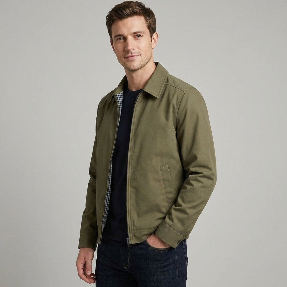 Chaqueta Harrington elegante e informal para hombre, con forro de cuadros y cierre frontal