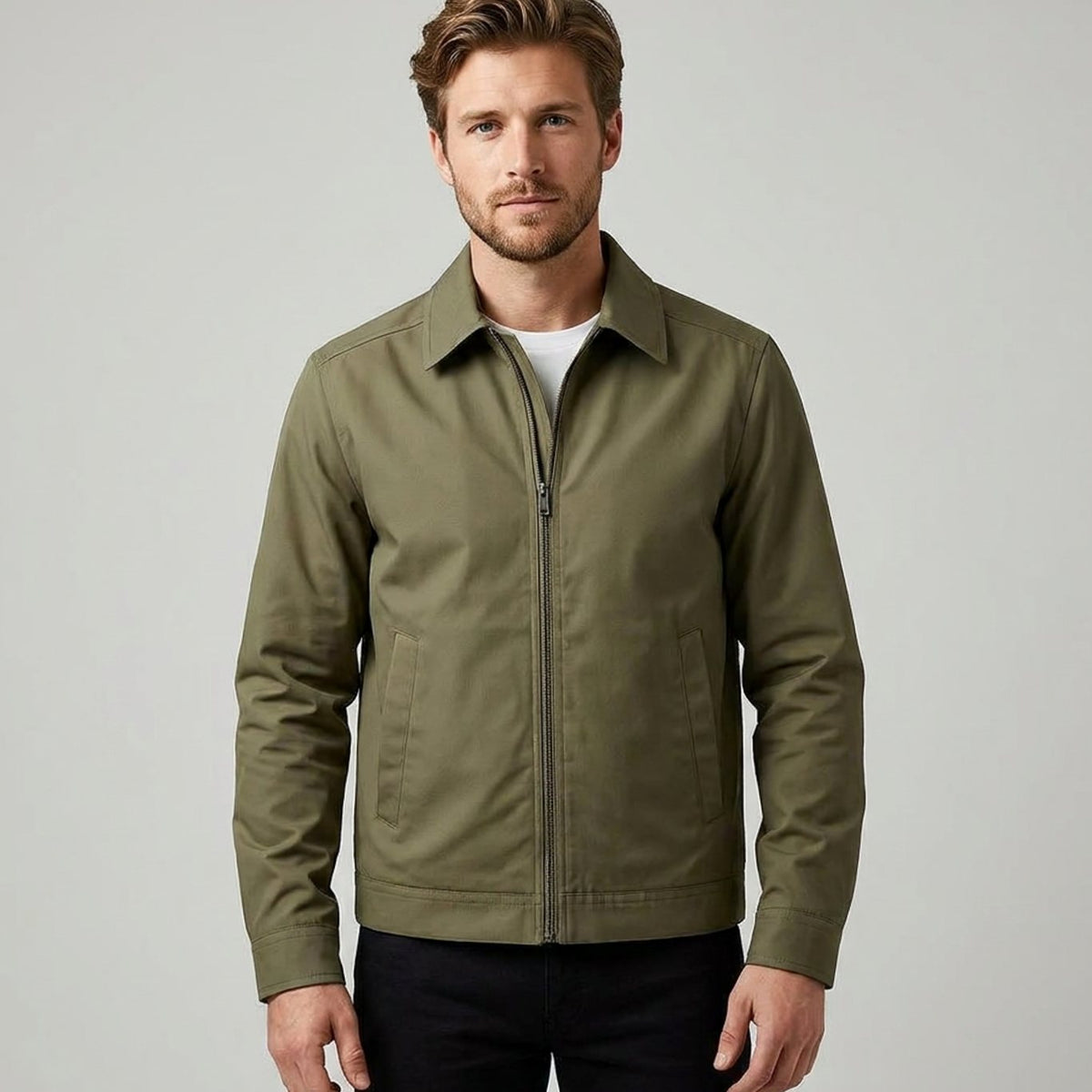 Chaqueta Harrington elegante e informal para hombre, con forro de cuadros y cierre frontal