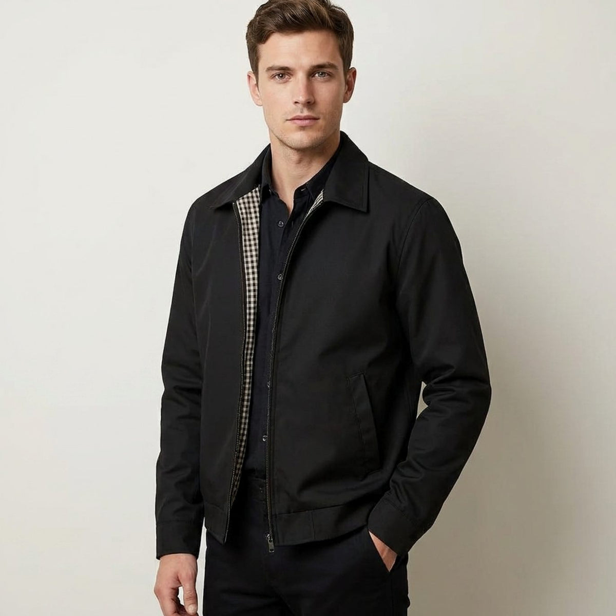 Chaqueta Harrington elegante e informal para hombre, con forro de cuadros y cierre frontal