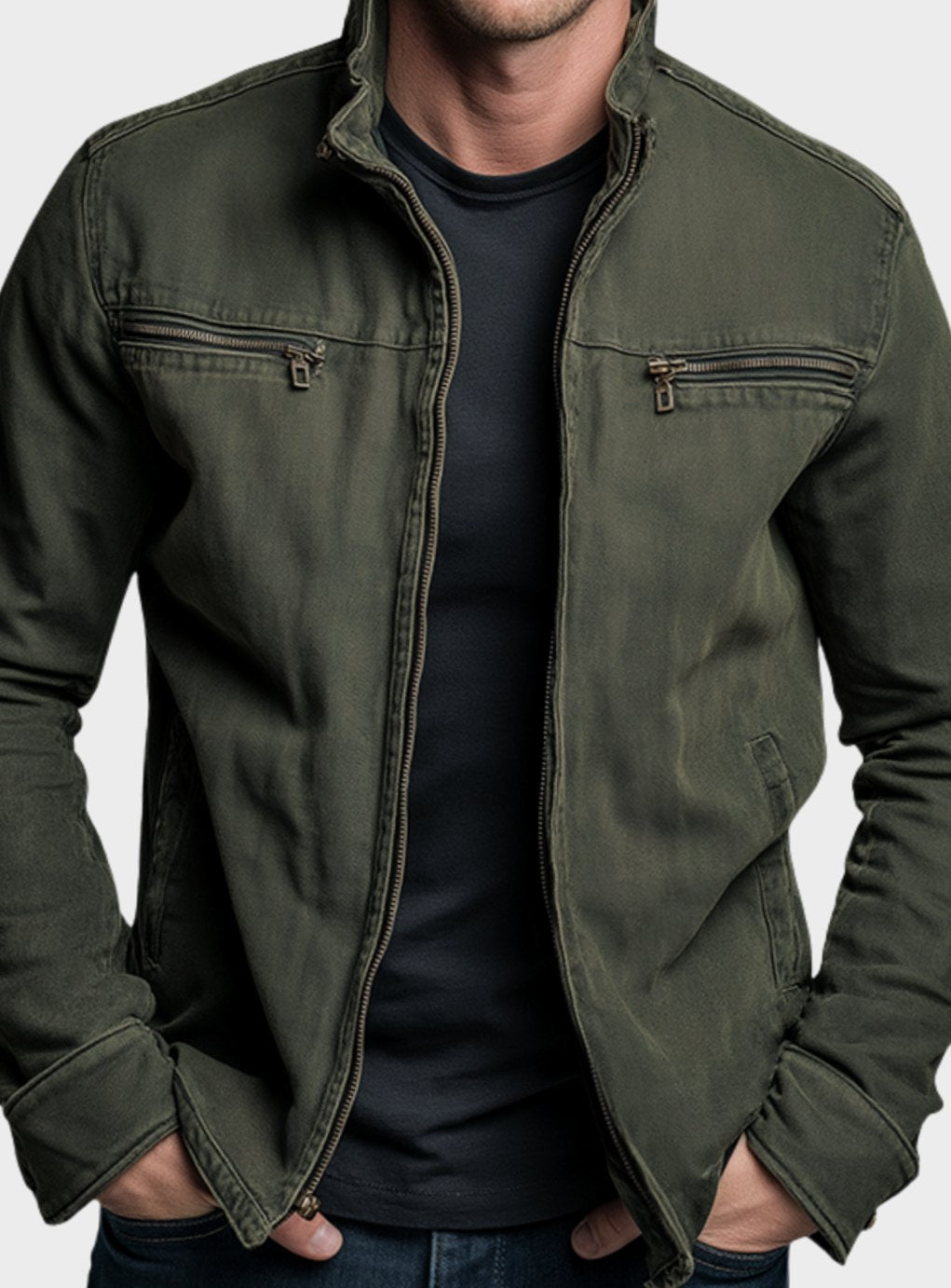 Chaqueta bomber entallada para hombre, con cuello alto y cierre completo