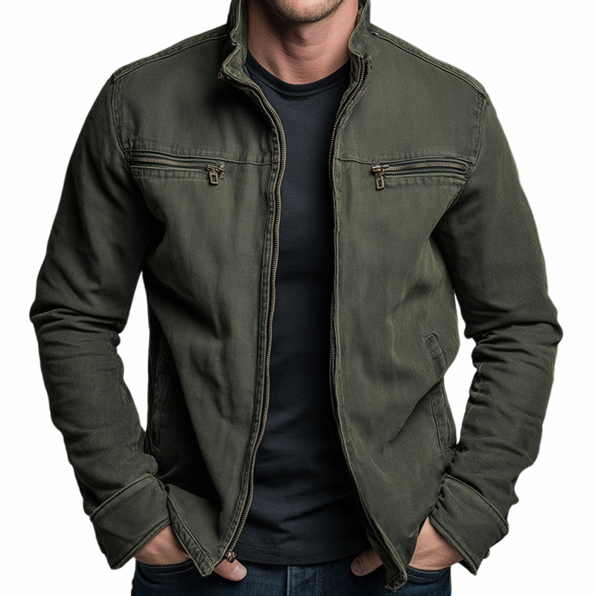 Chaqueta bomber entallada para hombre, con cuello alto y cierre completo