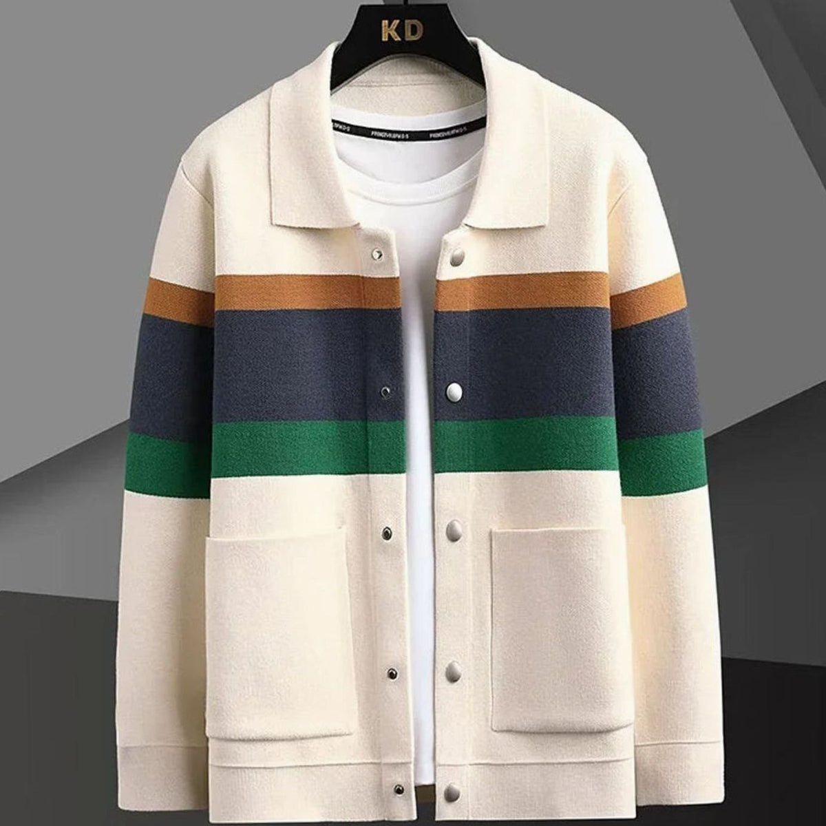Chaqueta de cárdigan de punto de algodón grueso a rayas para hombre, con botones frontales