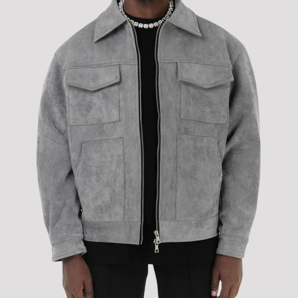 Chaqueta tipo trucker de efecto ante para hombre, con cierre y cuello camisero