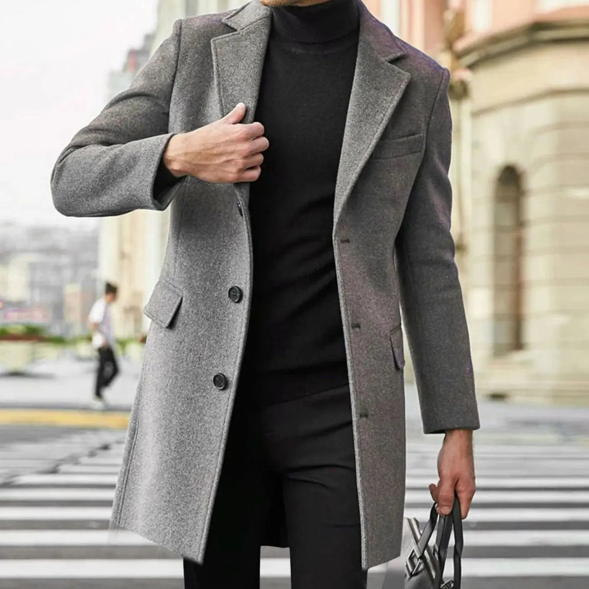 Abrigo de invierno entallado para hombre, de botonadura sencilla y efecto de lana