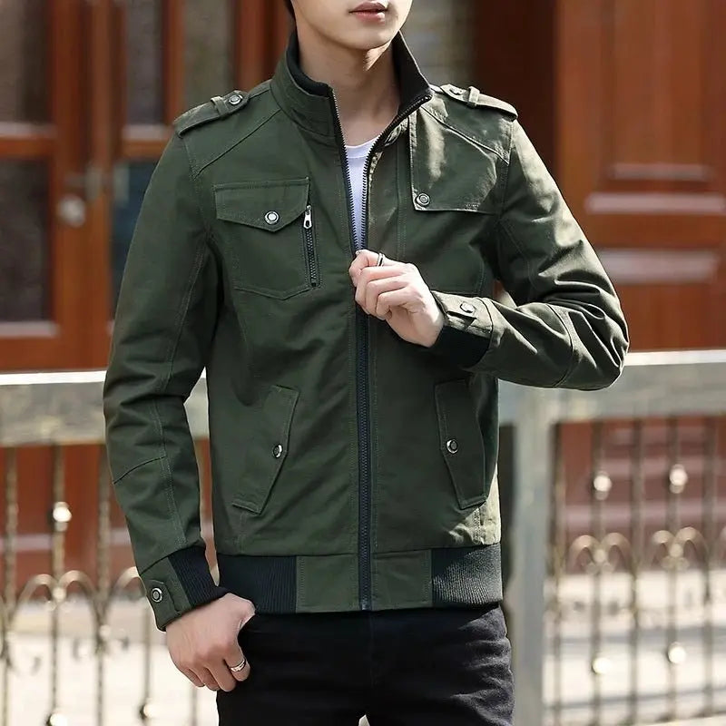 Chaqueta bomber utilitaria para hombre, con cuello alto y múltiples bolsillos