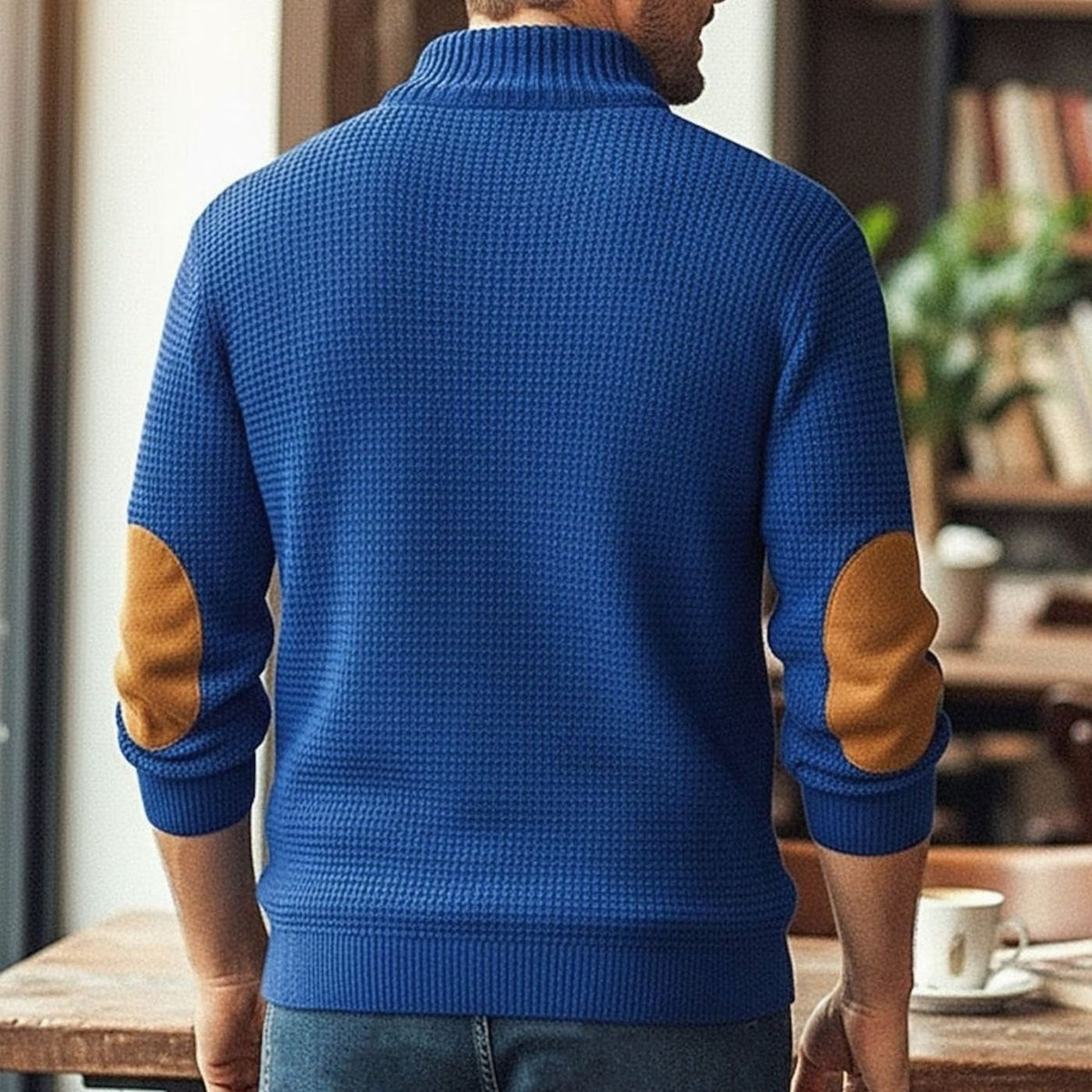 Jersey de punto waffle para hombre, con botones en el cuello y parches en los codos