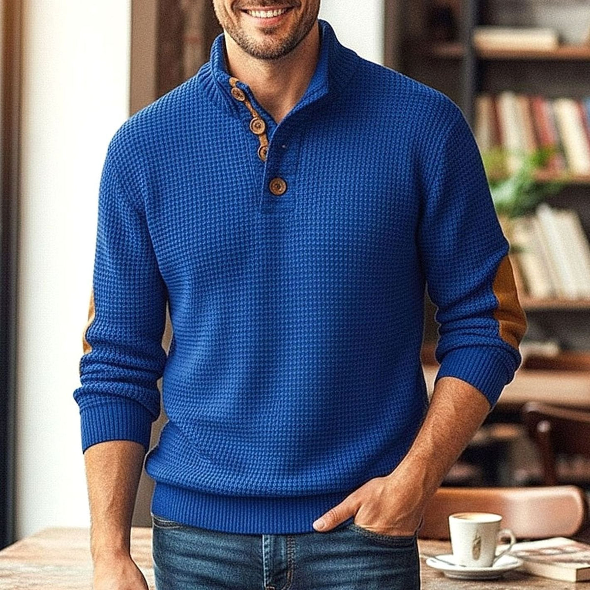 Jersey de punto waffle para hombre, con botones en el cuello y parches en los codos
