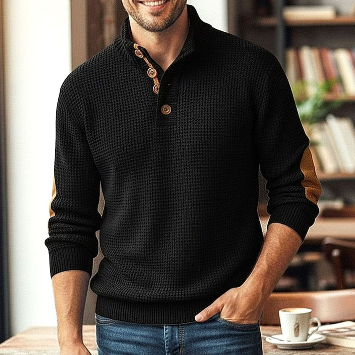 Jersey de punto waffle para hombre, con botones en el cuello y parches en los codos