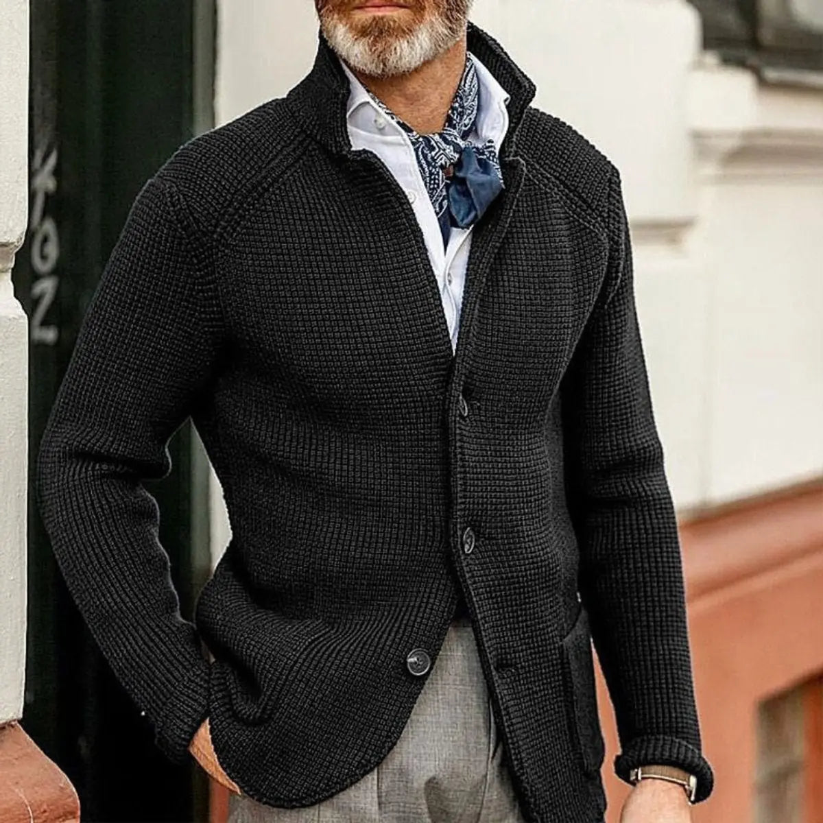 Cárdigan de punto waffle con botones para hombre, de corte holgado