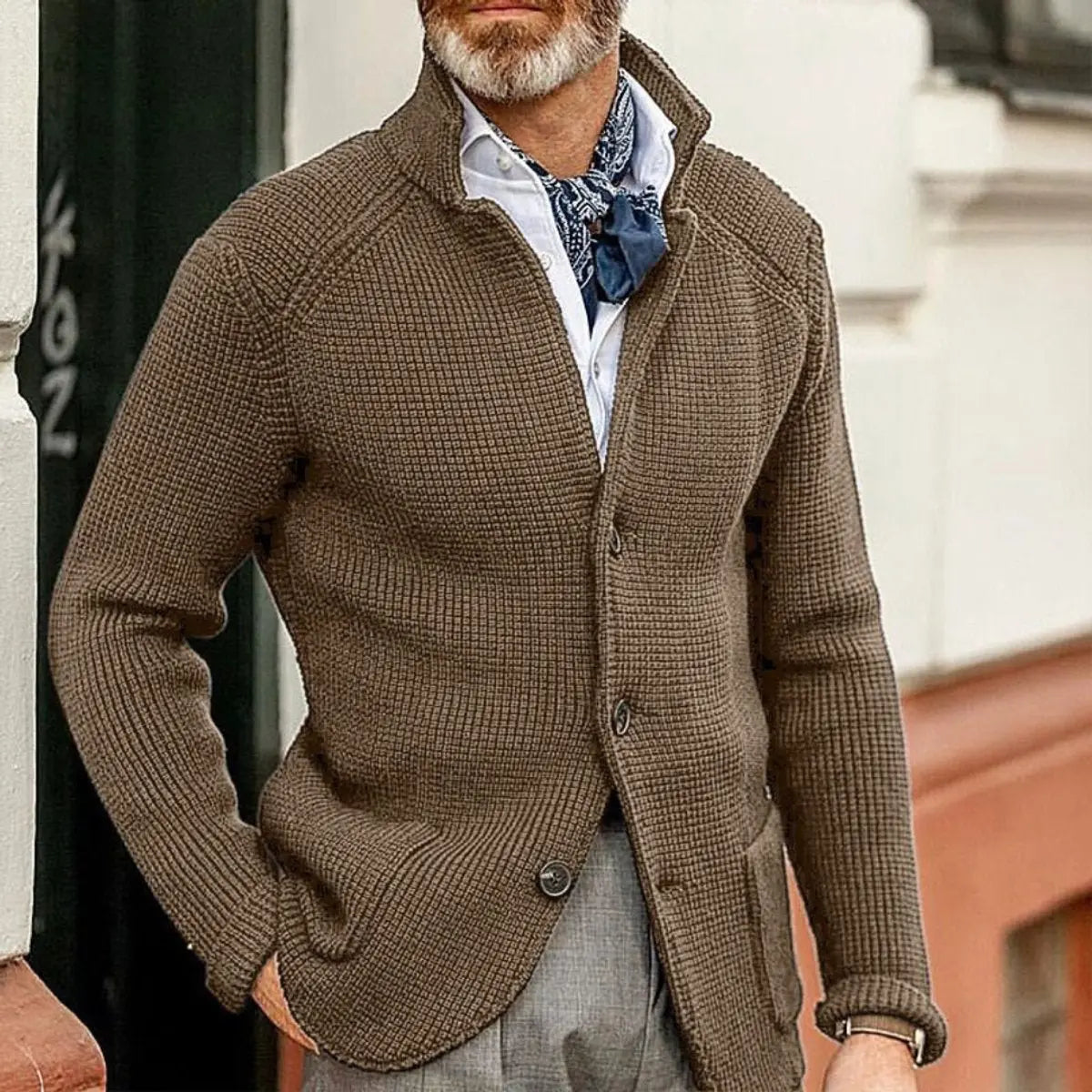 Cárdigan de punto waffle con botones para hombre, de corte holgado