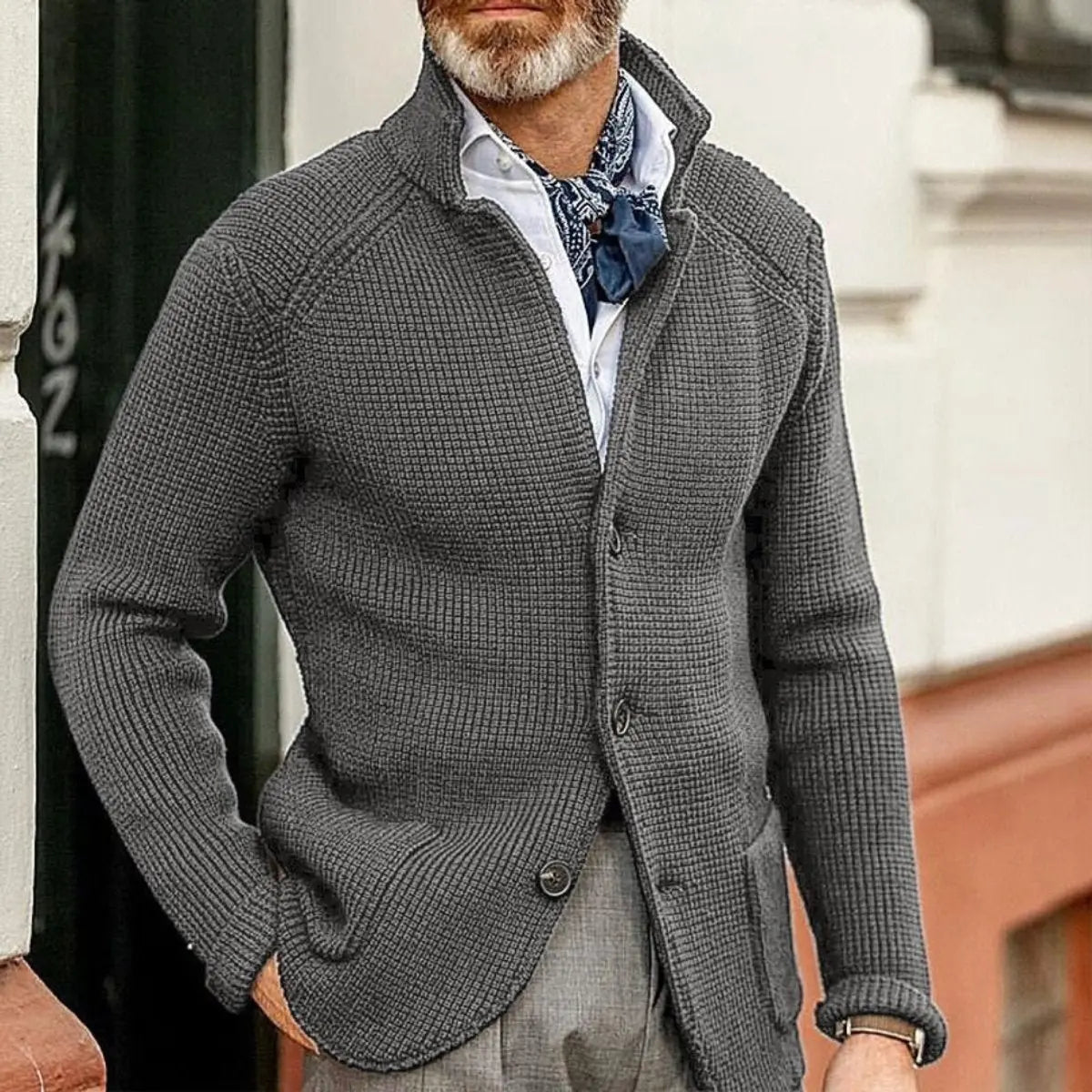 Cárdigan de punto waffle con botones para hombre, de corte holgado