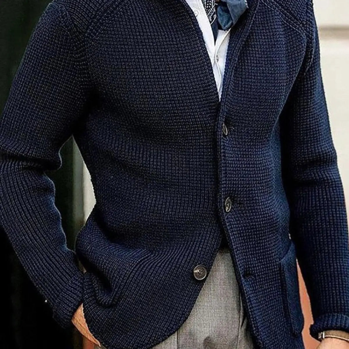 Cárdigan de punto waffle con botones para hombre, de corte holgado