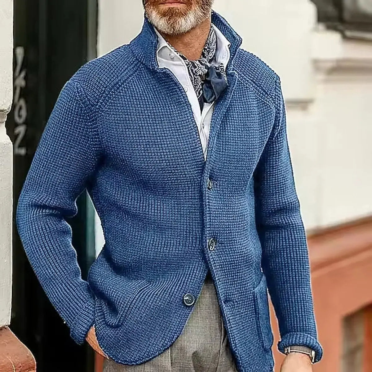Cárdigan de punto waffle con botones para hombre, de corte holgado