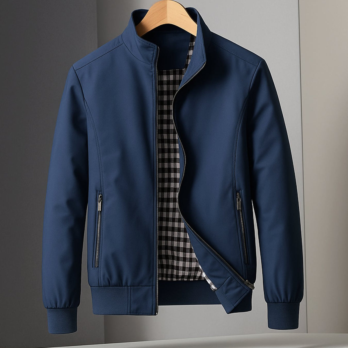Chaqueta bomber resistente a la intemperie para hombre, con cierre y forro de cuadros