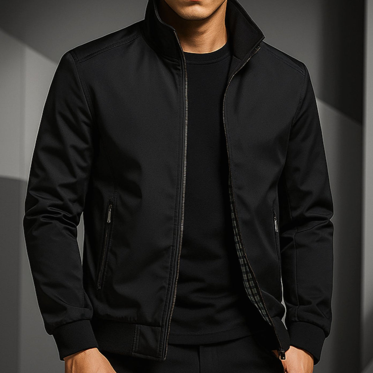 Chaqueta bomber resistente a la intemperie para hombre, con cierre y forro de cuadros