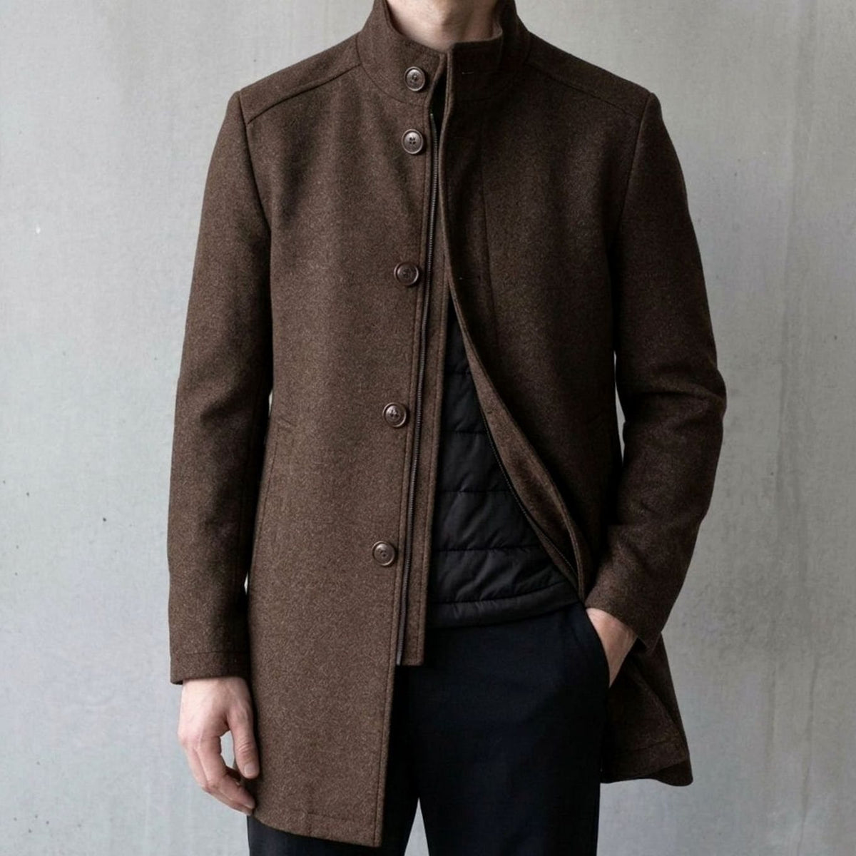 Abrigo de lana acolchado para hombre, con botones y cuello alto