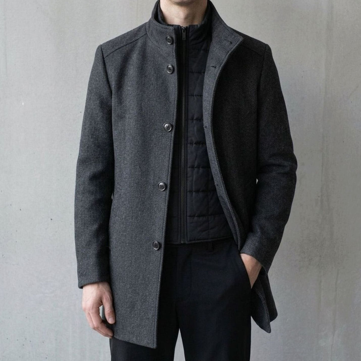 Abrigo de lana acolchado para hombre, con botones y cuello alto