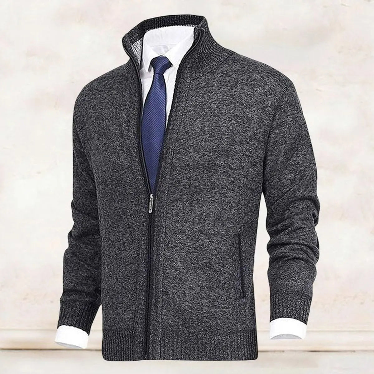 Cárdigan de punto para hombre, con cierre, forro polar y cuello alto