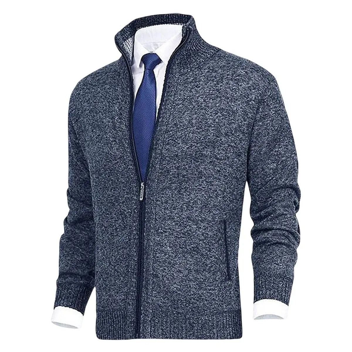 Cárdigan de punto para hombre, con cierre, forro polar y cuello alto