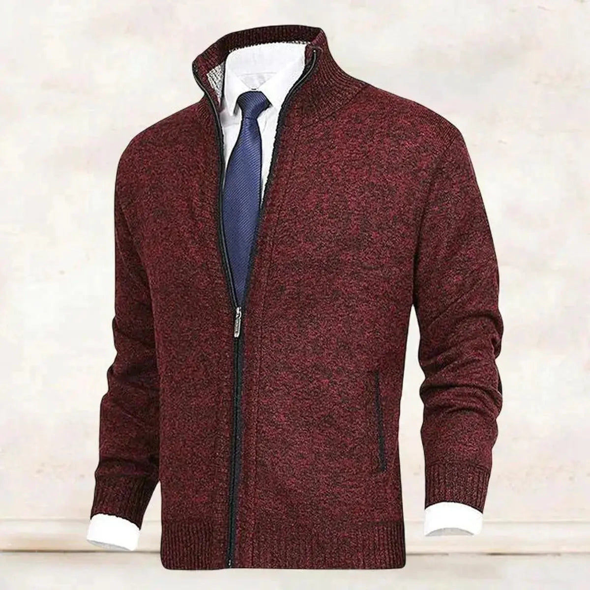 Cárdigan de punto para hombre, con cierre, forro polar y cuello alto