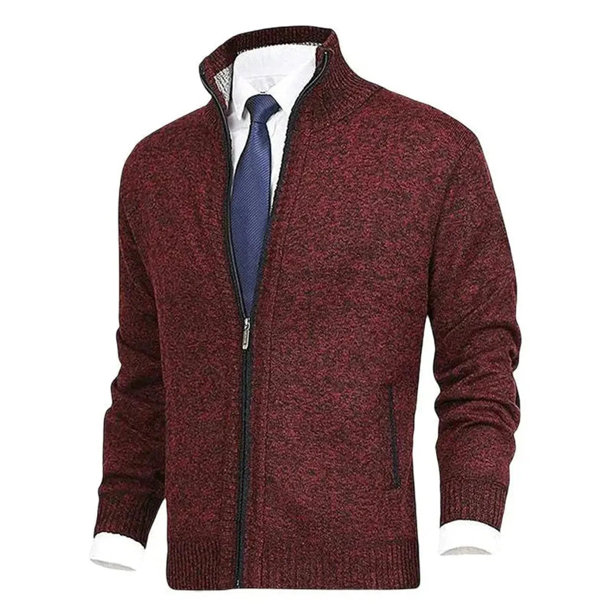Cárdigan de punto para hombre, con cierre, forro polar y cuello alto