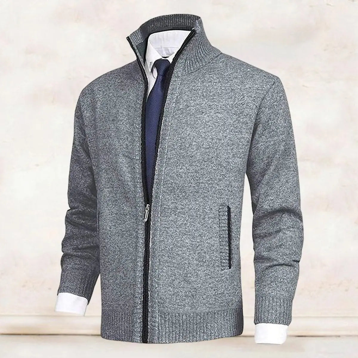 Cárdigan de punto para hombre, con cierre, forro polar y cuello alto
