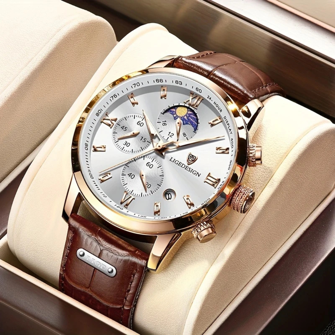 Reloj clásico de cuarzo para hombre con correa de cuero y varias esferas
